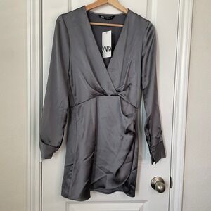 Zara Satin Effect Wrap Mini Dress Women's XS Charcoal Gray V-Neck Bach Party